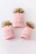 Pink cross cable knit pom pom beanie hat baby toddler adult - 1