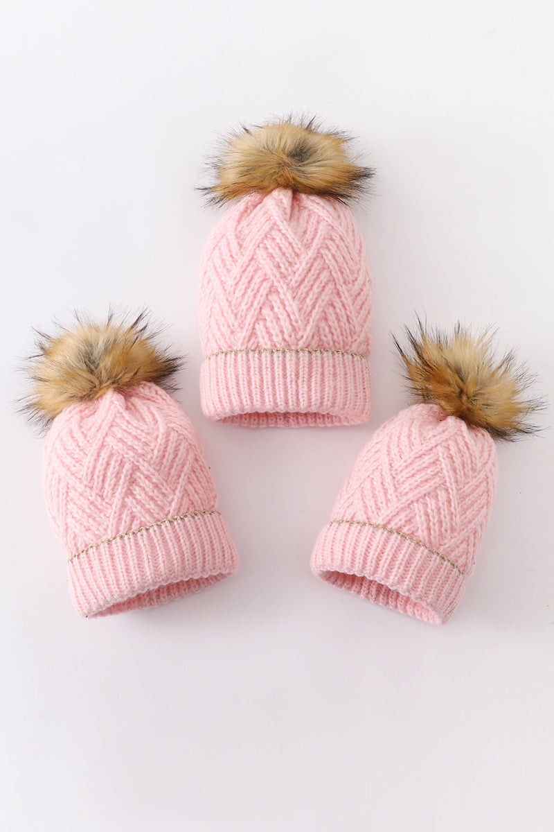 Pink cross cable knit pom pom beanie hat baby toddler adult - 1