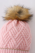 Pink cross cable knit pom pom beanie hat baby toddler adult - 2