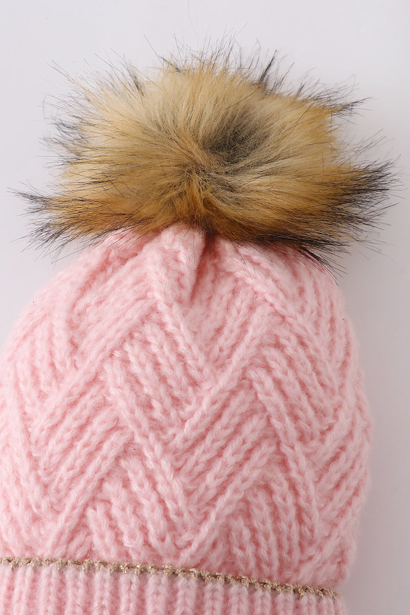 Pink cross cable knit pom pom beanie hat baby toddler adult - 2