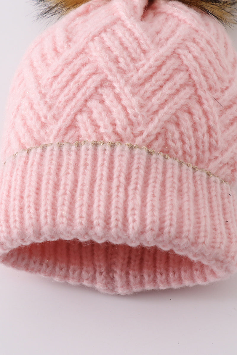 Pink cross cable knit pom pom beanie hat baby toddler adult - 3