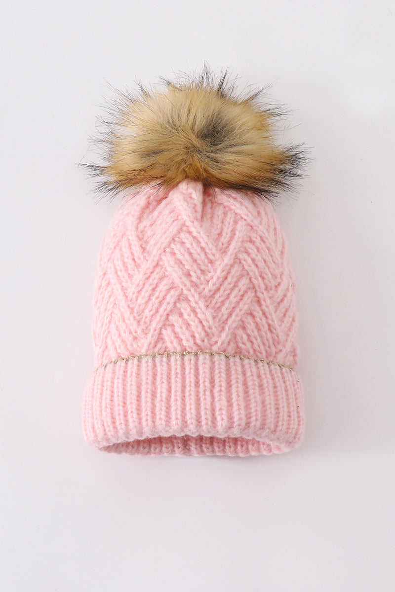 Pink cross cable knit pom pom beanie hat baby toddler adult - 4