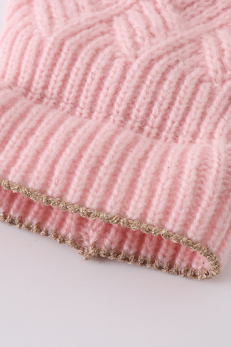 Pink cross cable knit pom pom beanie hat baby toddler adult - 5