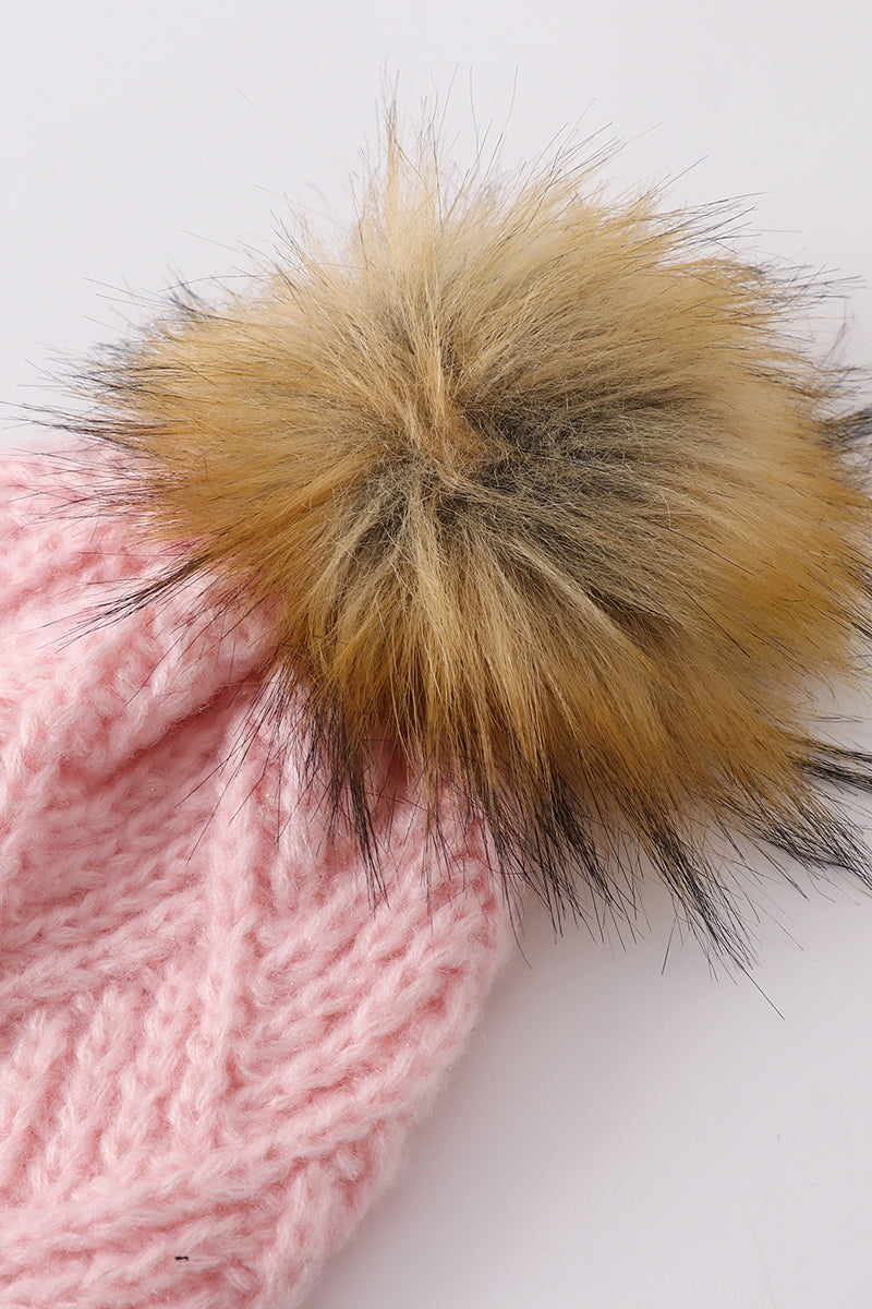 Pink cross cable knit pom pom beanie hat baby toddler adult - 6