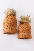 Camel cross cable knit pom pom beanie hat baby toddler adult - 1