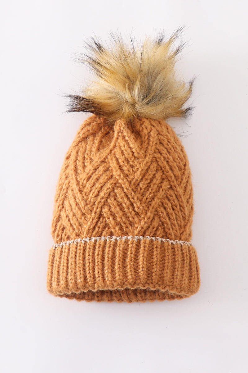 Camel cross cable knit pom pom beanie hat baby toddler adult - 2
