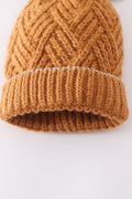 Camel cross cable knit pom pom beanie hat baby toddler adult - 3