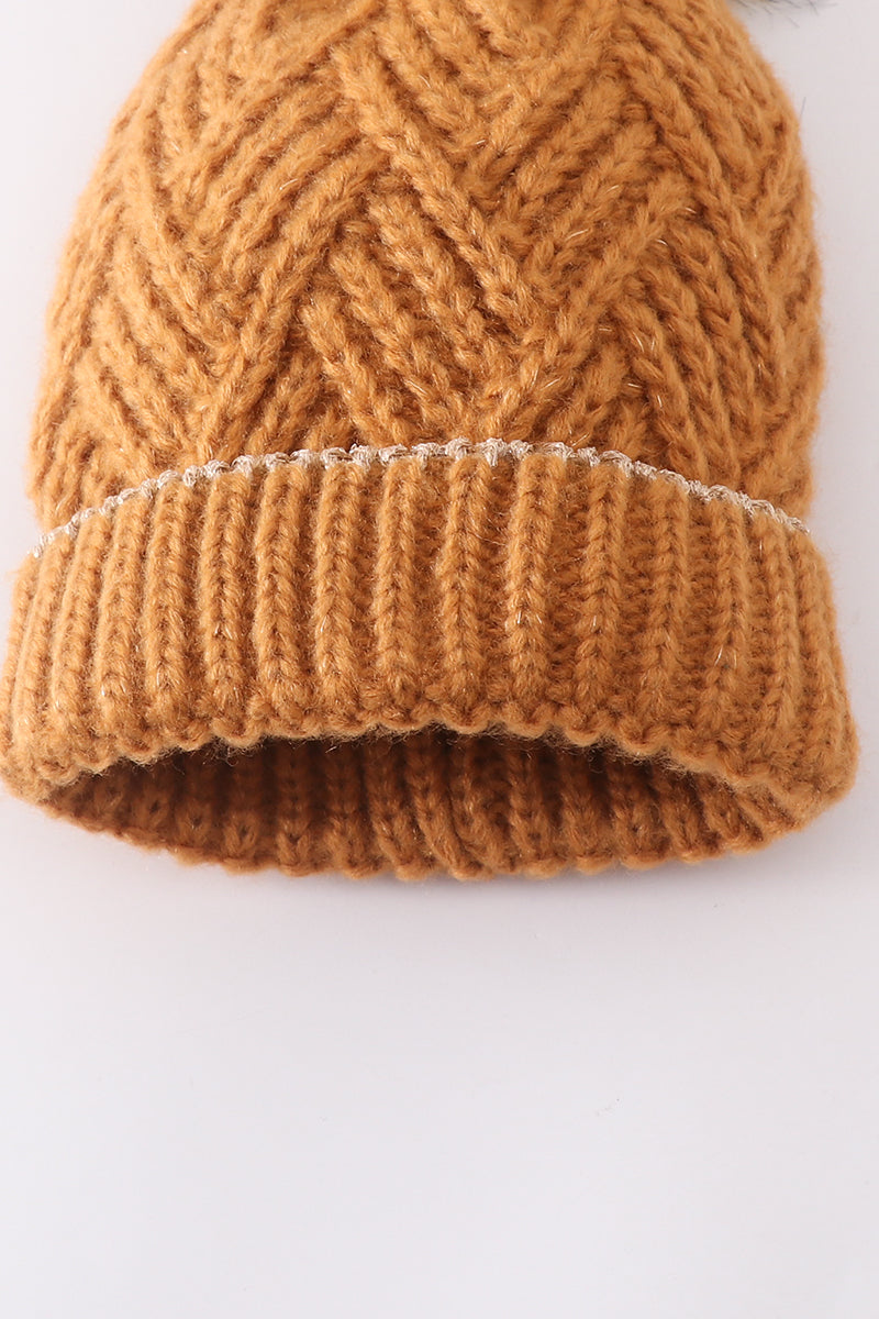 Camel cross cable knit pom pom beanie hat baby toddler adult - 3