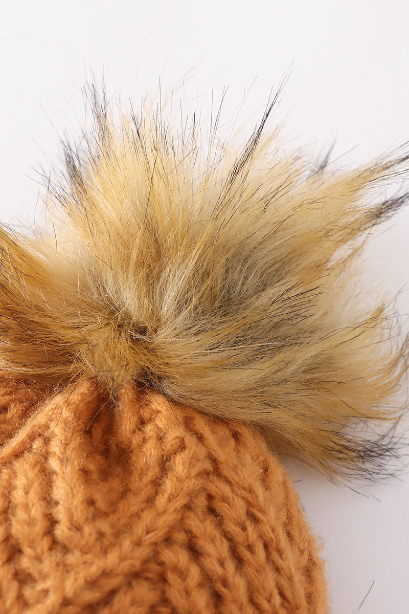Camel cross cable knit pom pom beanie hat baby toddler adult - 5