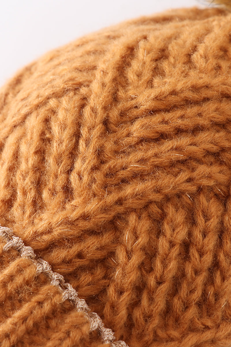 Camel cross cable knit pom pom beanie hat baby toddler adult - 6