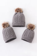 Grey cable knit pom pom beanie hat baby toddler adult - 1