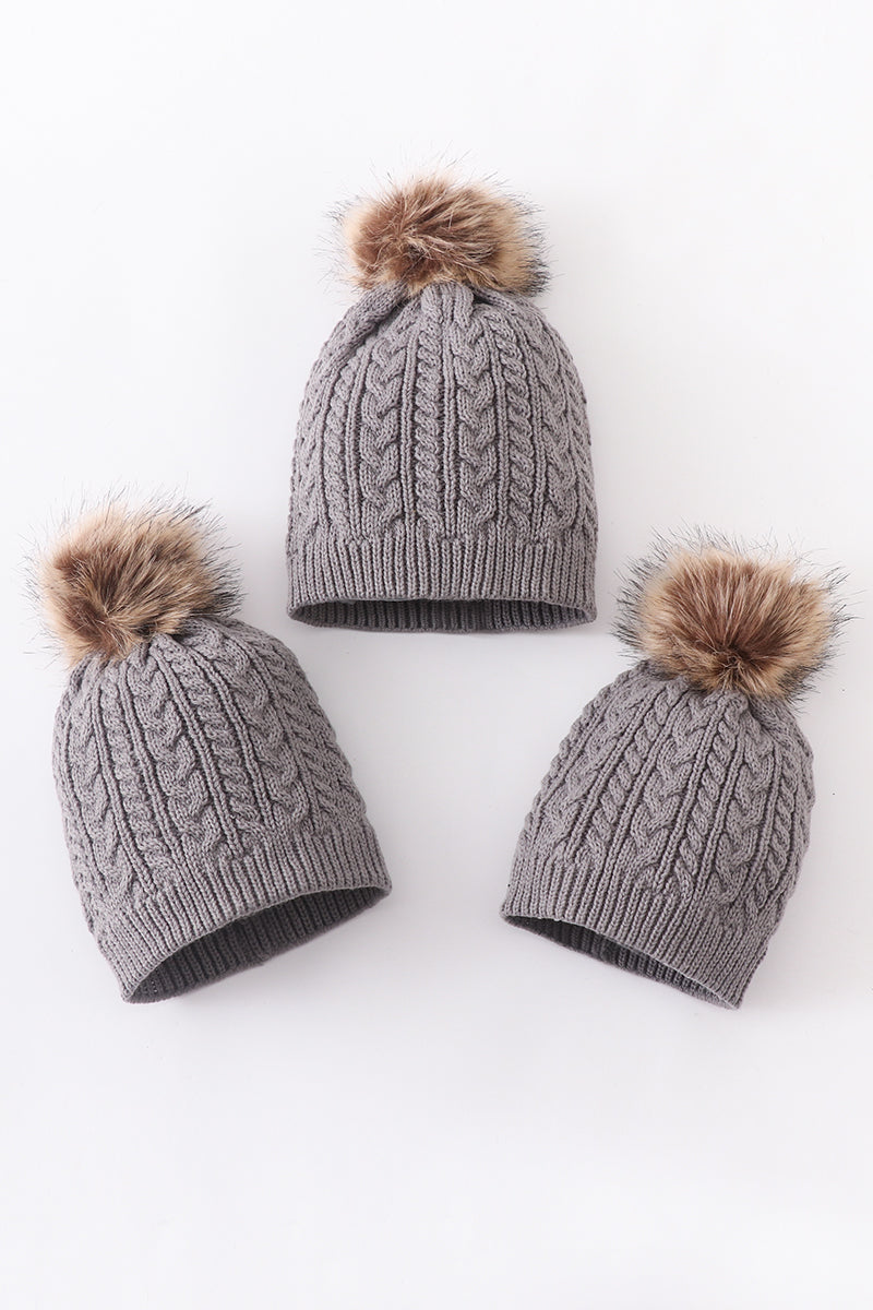 Grey cable knit pom pom beanie hat baby toddler adult - 1