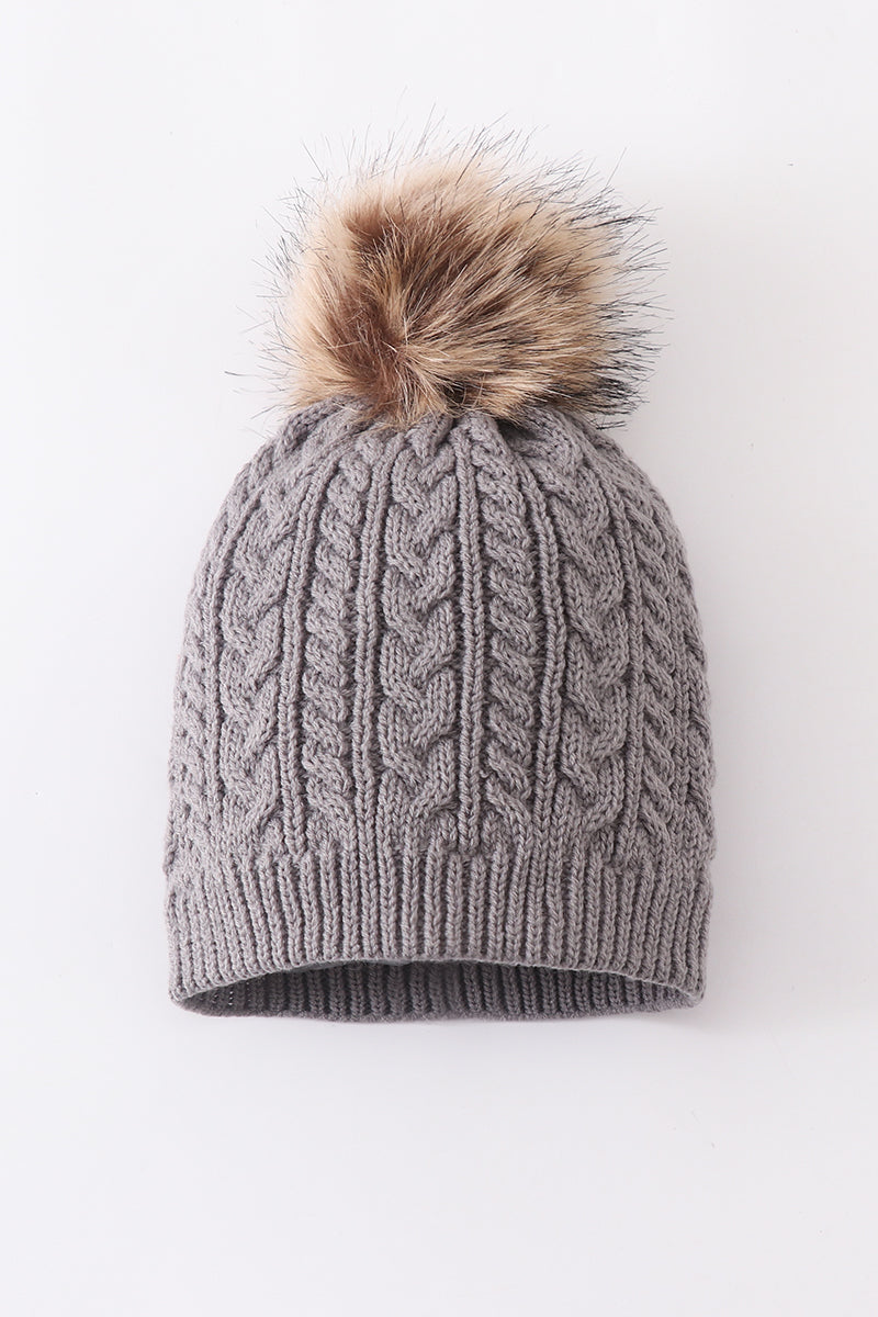 Grey cable knit pom pom beanie hat baby toddler adult - 2