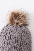 Grey cable knit pom pom beanie hat baby toddler adult - 3
