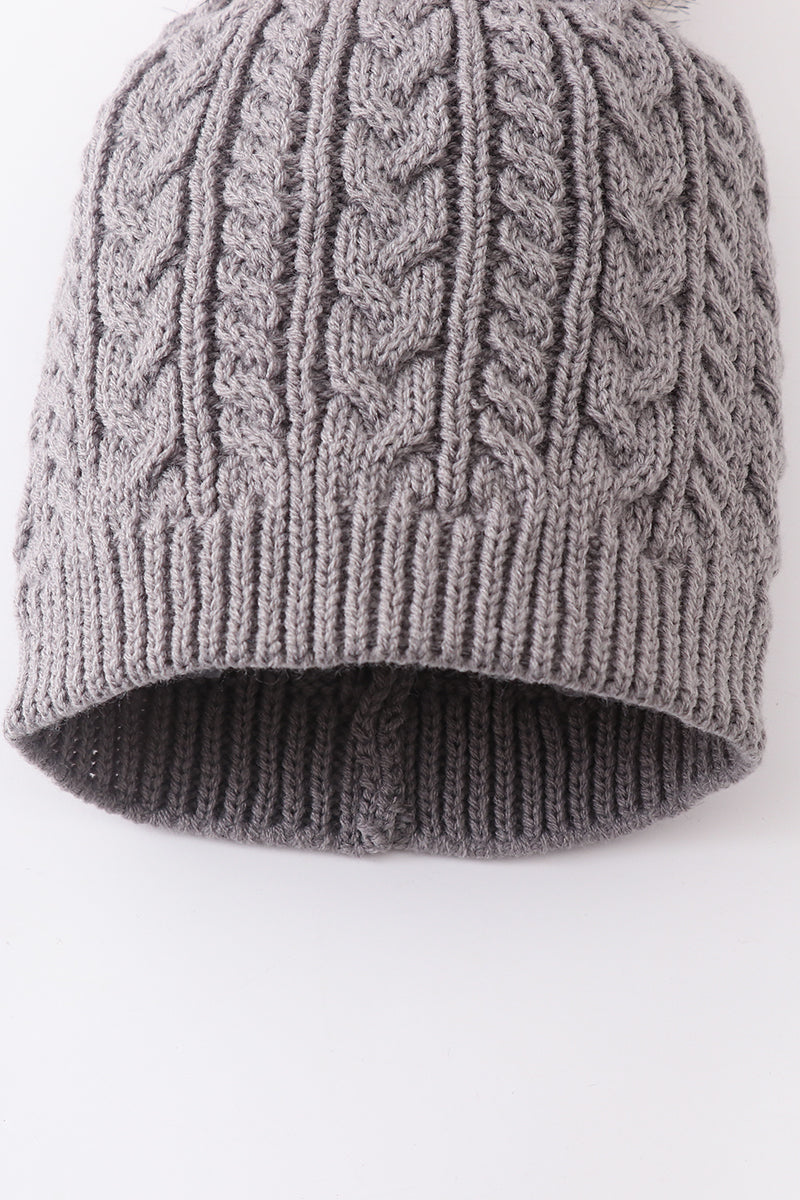 Grey cable knit pom pom beanie hat baby toddler adult - 4