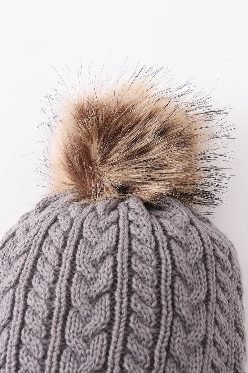 Grey cable knit pom pom beanie hat baby toddler adult - 5