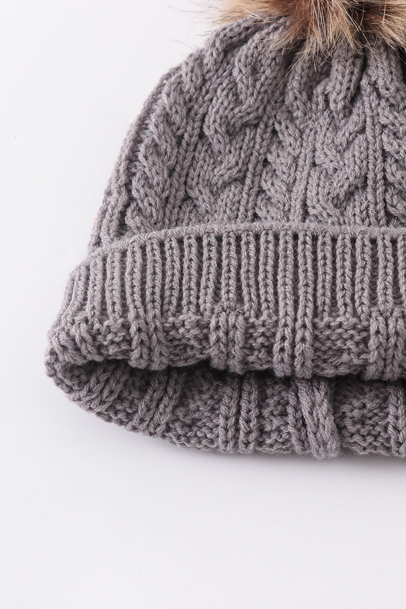Grey cable knit pom pom beanie hat baby toddler adult - 6