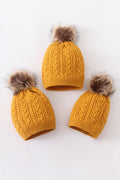 Mustard cable knit pom pom beanie hat baby toddler adult - 1