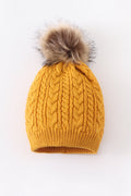 Mustard cable knit pom pom beanie hat baby toddler adult - 2