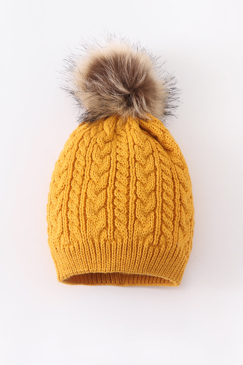 Mustard cable knit pom pom beanie hat baby toddler adult - 2