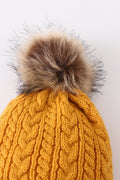 Mustard cable knit pom pom beanie hat baby toddler adult - 3