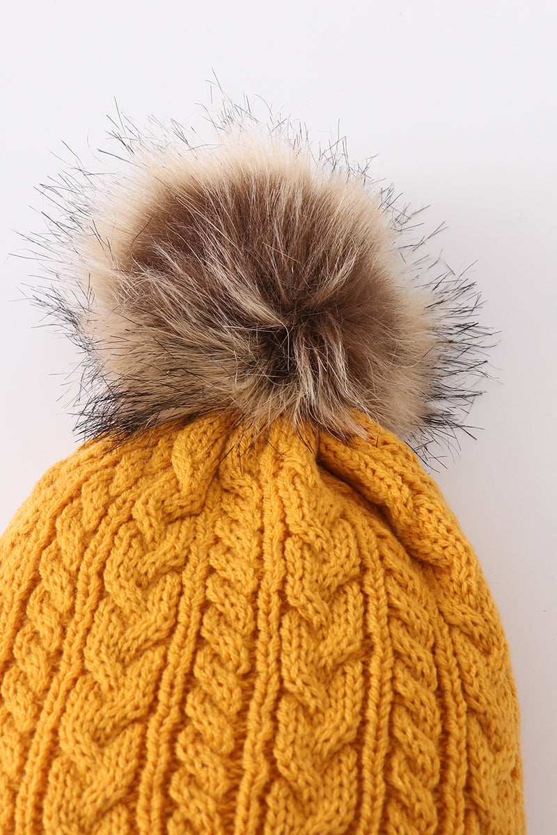Mustard cable knit pom pom beanie hat baby toddler adult - 3