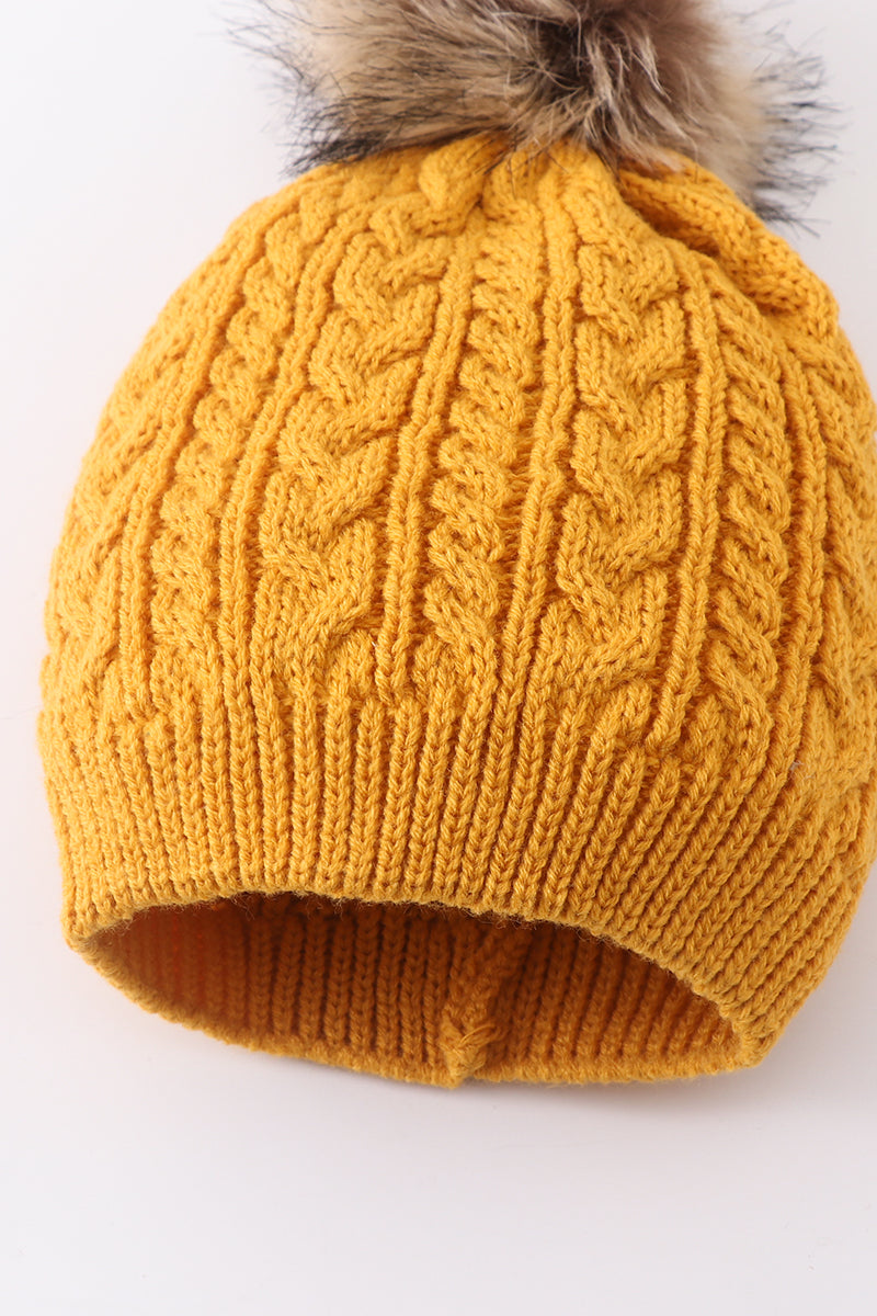 Mustard cable knit pom pom beanie hat baby toddler adult - 4