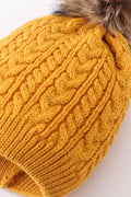 Mustard cable knit pom pom beanie hat baby toddler adult - 5