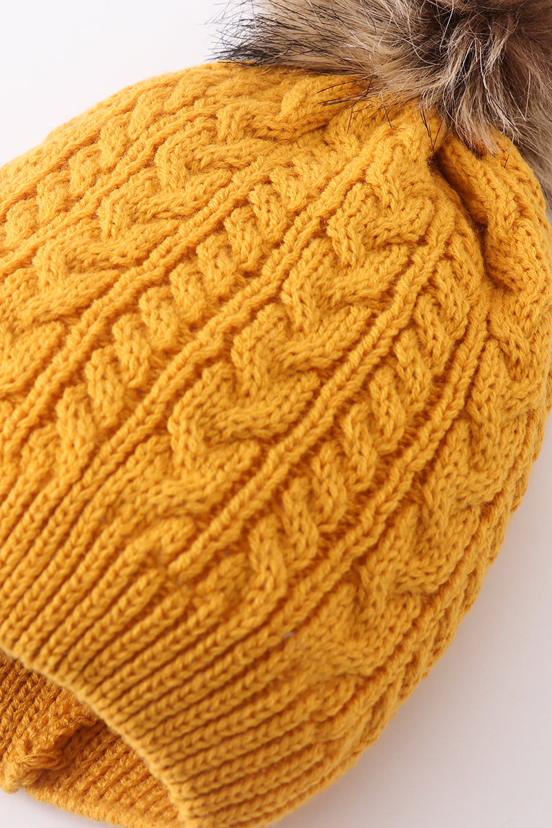 Mustard cable knit pom pom beanie hat baby toddler adult - 5