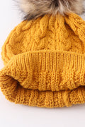 Mustard cable knit pom pom beanie hat baby toddler adult - 6