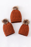 Rust cable knit pom pom beanie hat baby toddler adult - 1
