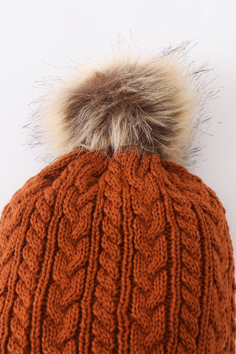 Rust cable knit pom pom beanie hat baby toddler adult - 3