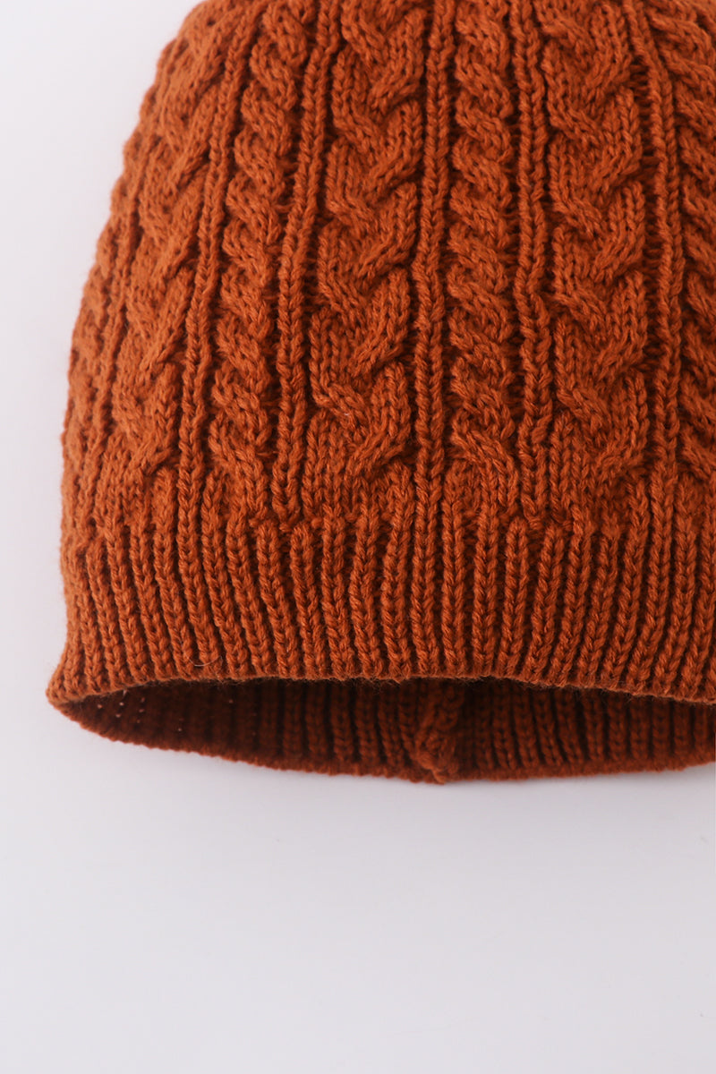 Rust cable knit pom pom beanie hat baby toddler adult - 4