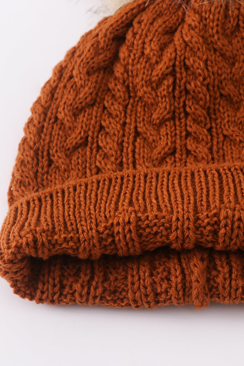 Rust cable knit pom pom beanie hat baby toddler adult - 5