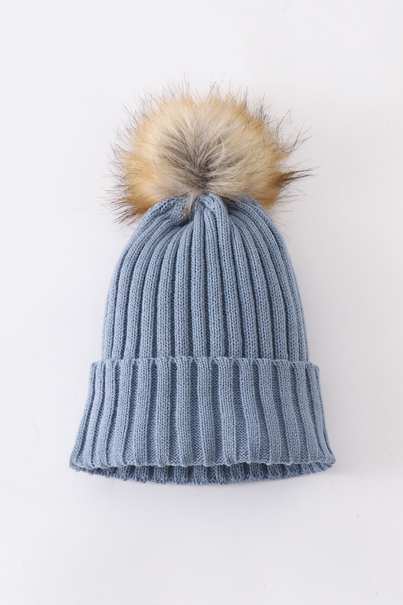 Slate knit pom pom beanie hat baby toddler adult - 2