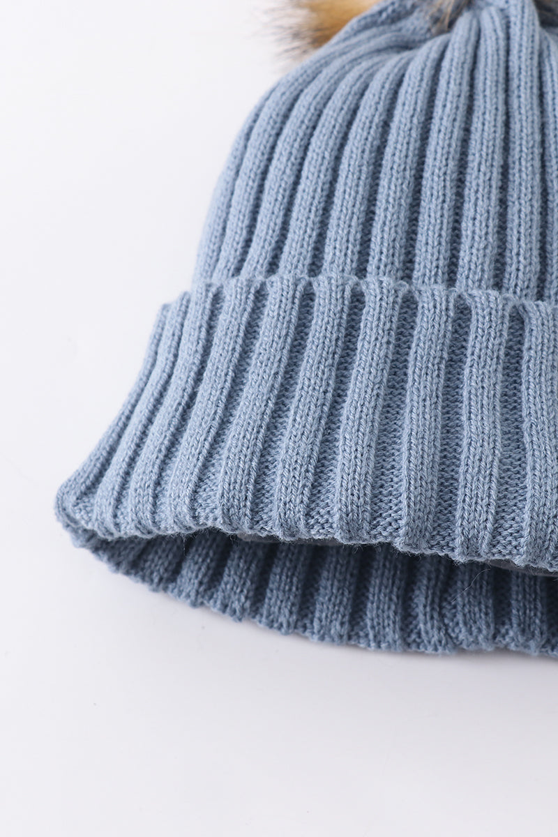 Slate knit pom pom beanie hat baby toddler adult - 3