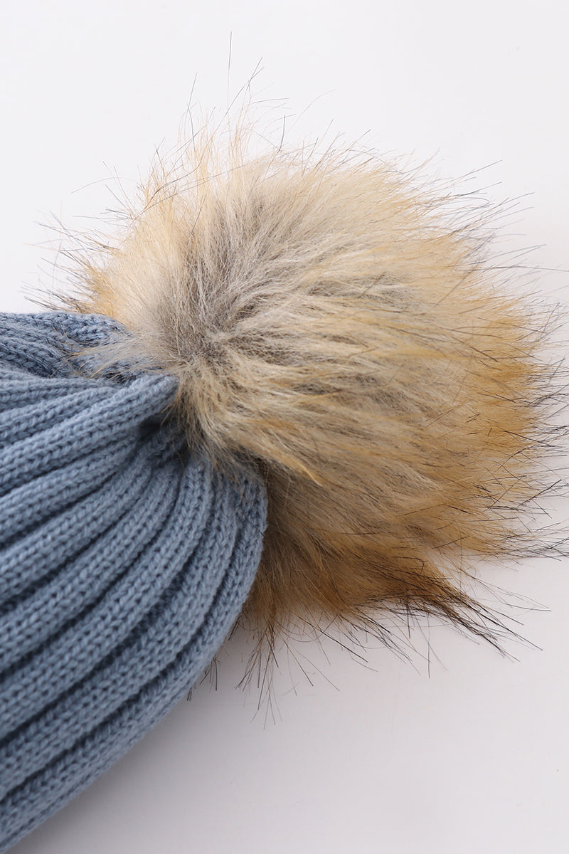 Slate knit pom pom beanie hat baby toddler adult - 4