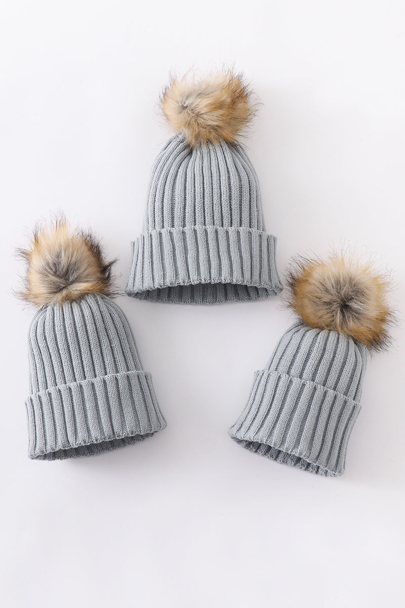 Sage knit pom pom beanie hat baby toddler adult - 1