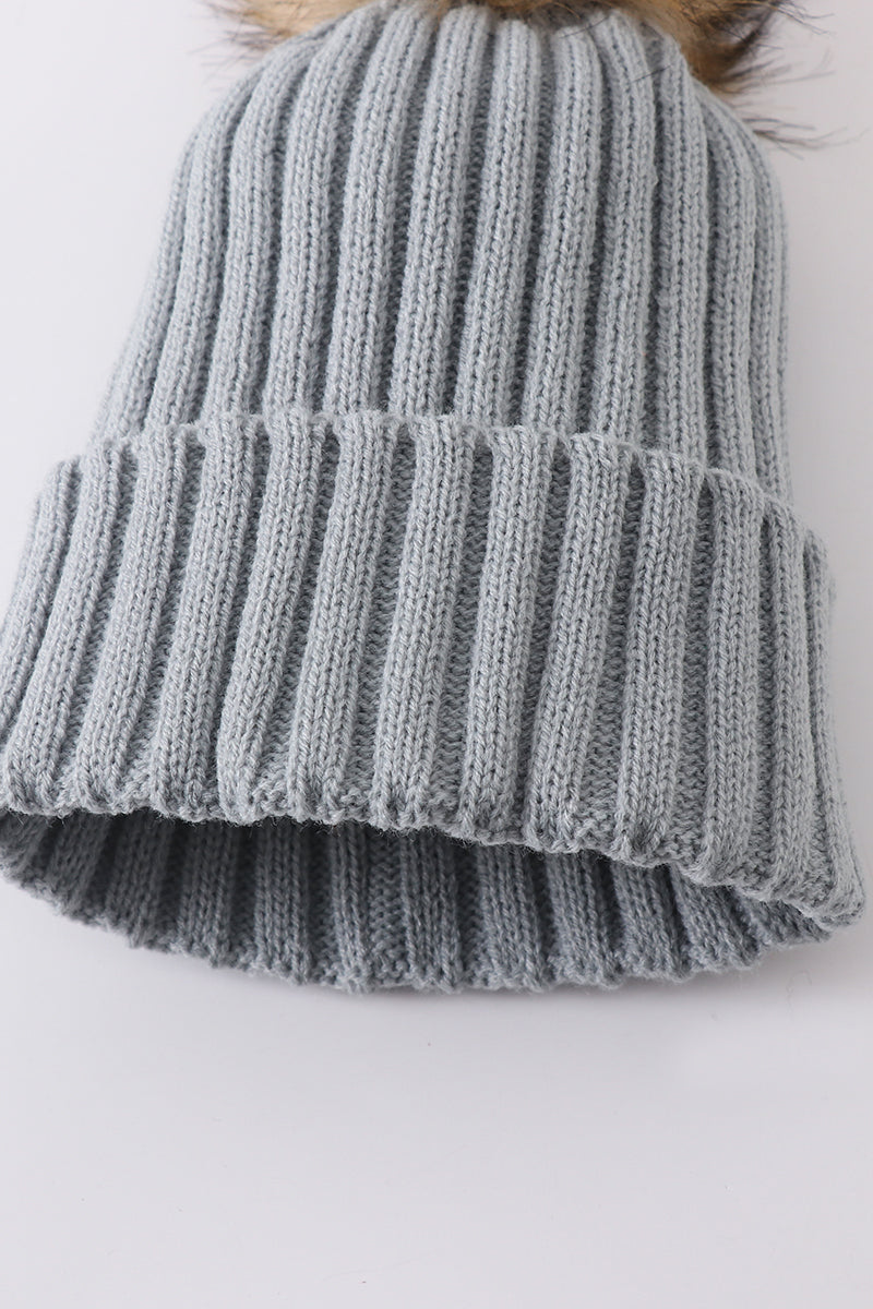 Sage knit pom pom beanie hat baby toddler adult - 4
