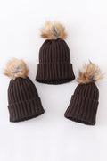 Brown knit pom pom beanie hat baby toddler adult - 1