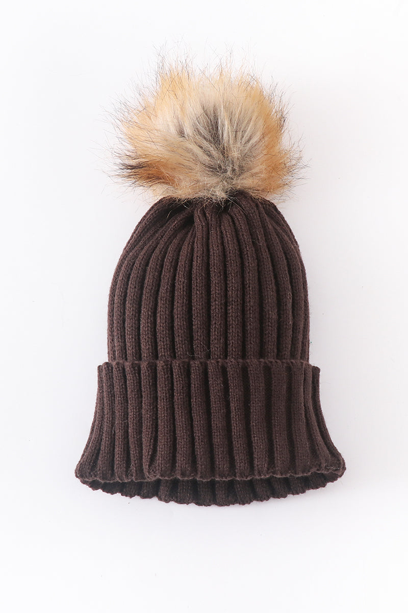 Brown knit pom pom beanie hat baby toddler adult - 2