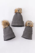 Grey knit pom pom beanie hat baby toddler adult - 1