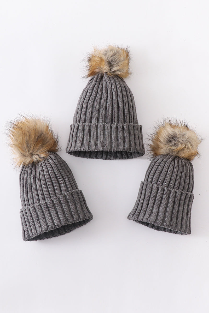 Grey knit pom pom beanie hat baby toddler adult - 1