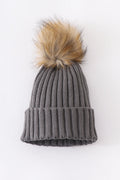 Grey knit pom pom beanie hat baby toddler adult - 2