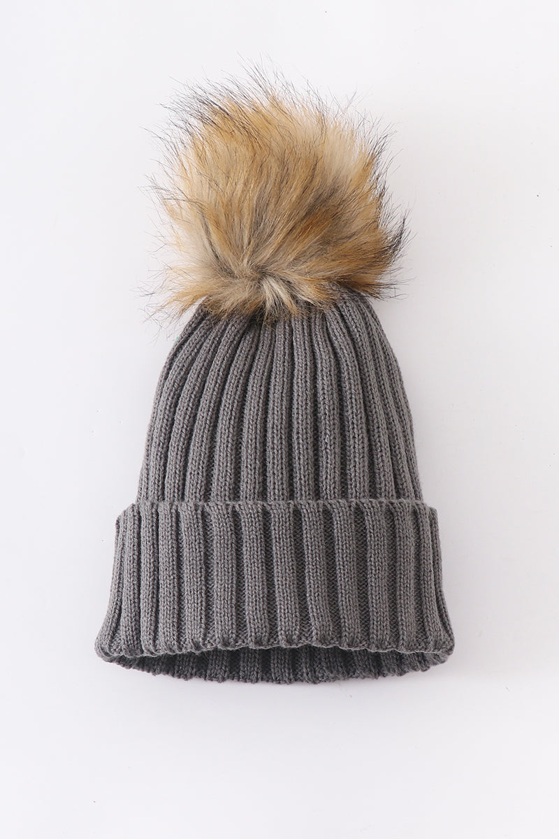 Grey knit pom pom beanie hat baby toddler adult - 2
