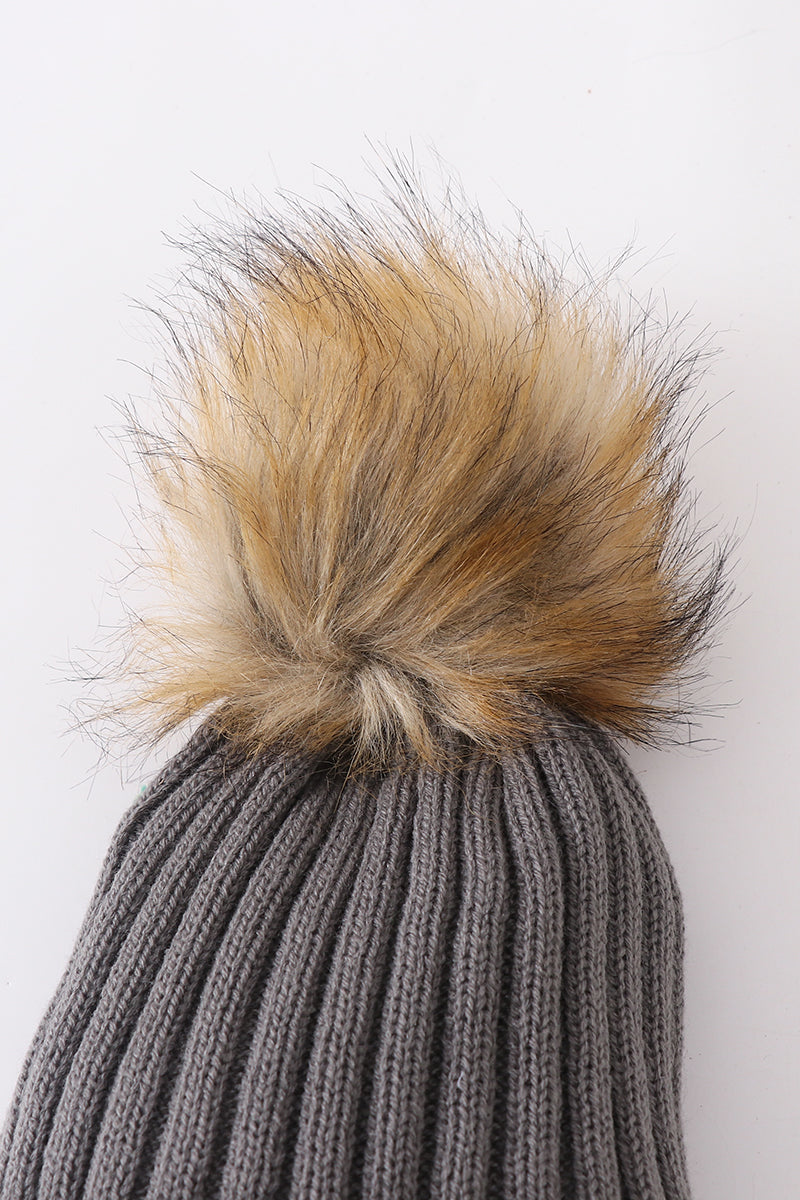 Grey knit pom pom beanie hat baby toddler adult - 3