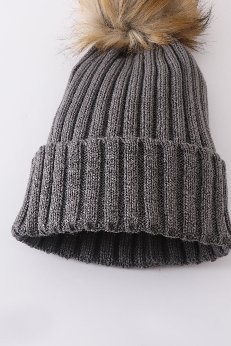 Grey knit pom pom beanie hat baby toddler adult - 4