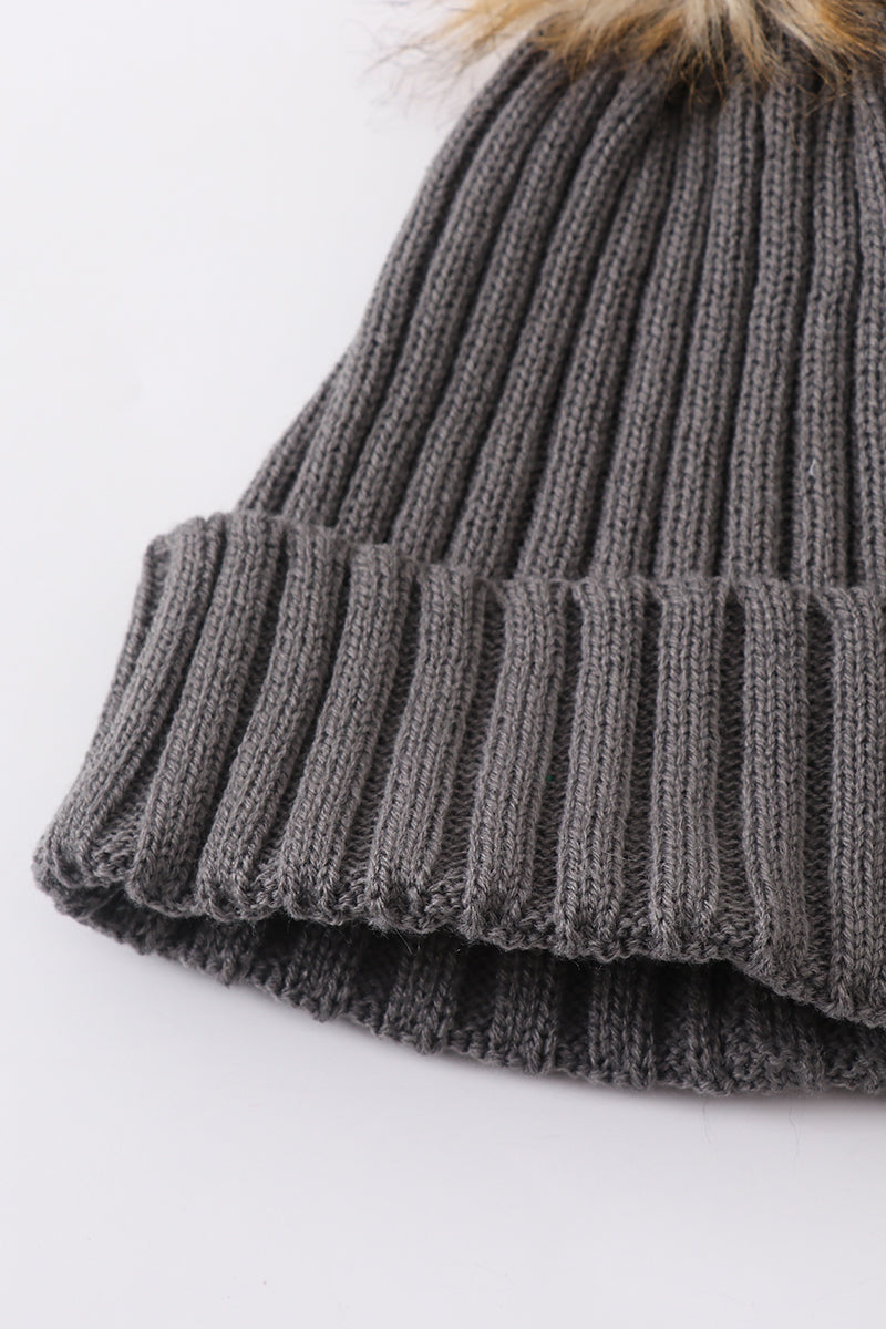 Grey knit pom pom beanie hat baby toddler adult - 5