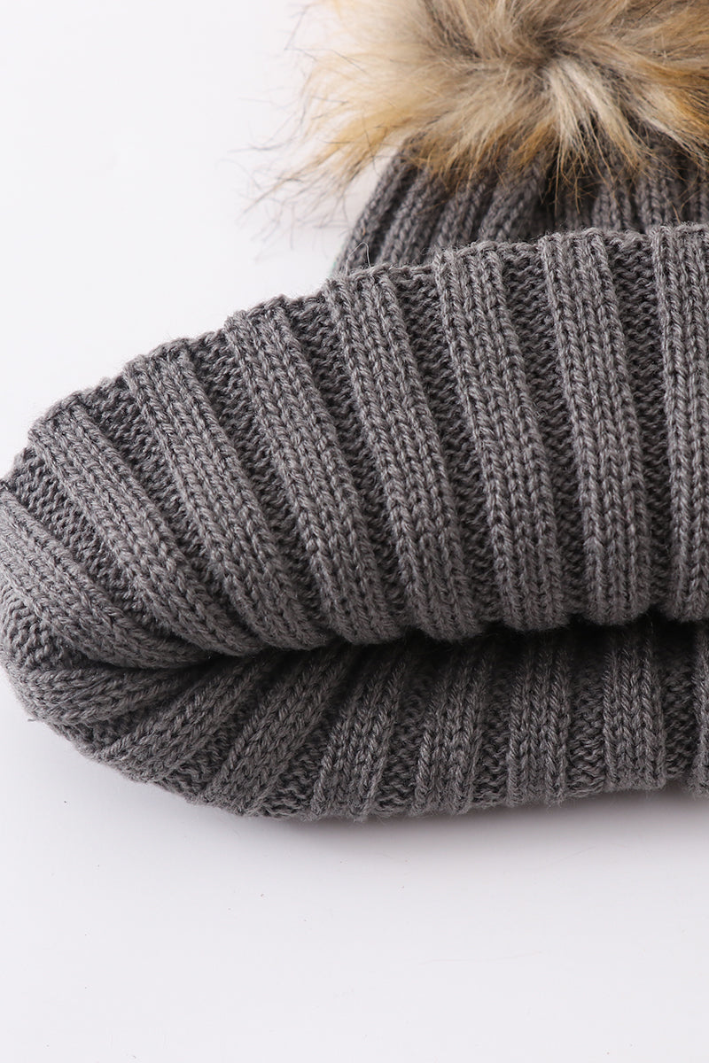 Grey knit pom pom beanie hat baby toddler adult - 6