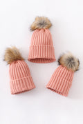 Coral Pink knit pom pom beanie hat baby toddler adult - 1